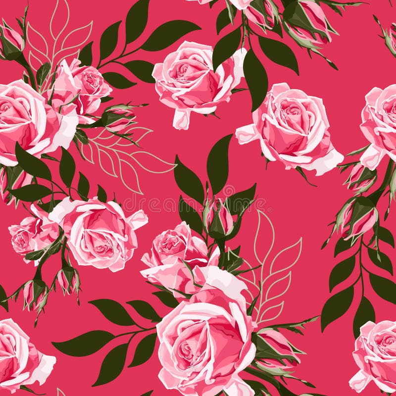 Pink rose and simple leaves. Floral botanical flower. Seamless background pattern. Fabric wallpaper print texture on bright pink background. Pink rose and simple leaves. Floral botanical flower. Seamless background pattern. Fabric wallpaper print texture on bright pink background